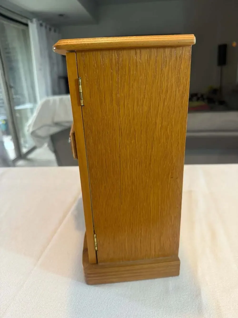 Vintage Tall Wooden Jewelry Armoire with 5 Drawers and Etched Glass Door
